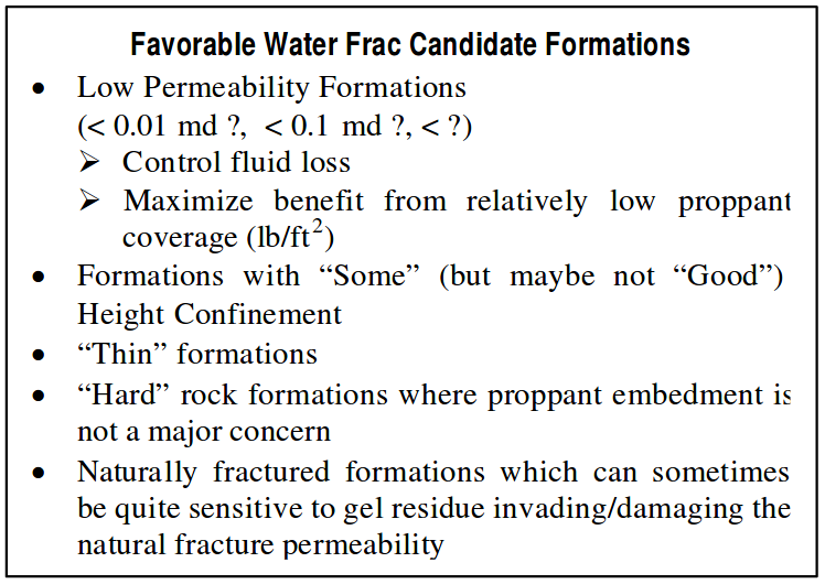 Favorable Water Frac Candidate Formations